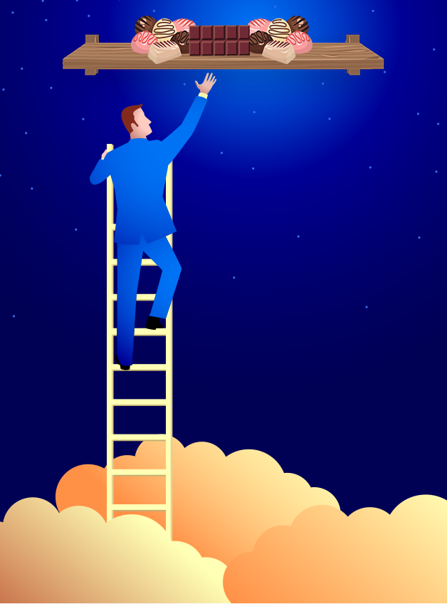 A man in a suit climbing a ladder above the clouds. His arm is reaching out to try and gain access to a shelf that is full of chocolates