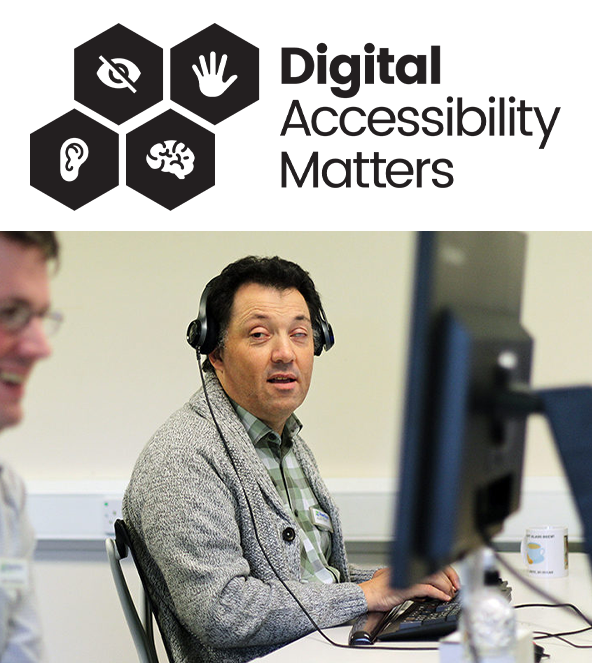 A Digital Accessibility Matters logo with Accessibility Assessor Alan Sleat's photo underneath. Alan is wearing a grey jumper and is sat at his Accessibility Services desk, in front of a desktop computer and wearing a black headset.