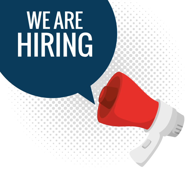 a red megaphone with a large blue speech bubble coming out of it saying "we are hiring"