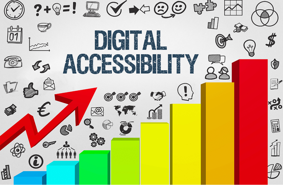 the text "digital accessibility" which is surrounded by a large bar chart with an uphill arrow and accessibility-related icons