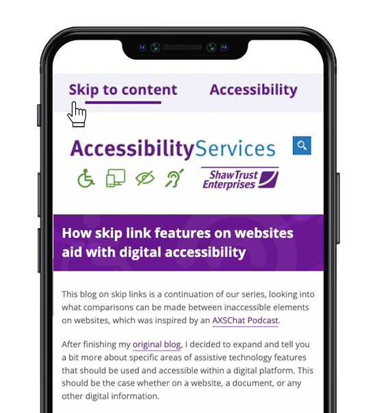a black mobile phone is displaying the Accessibility Services website, with a cursor hovering over the site's skip to content link